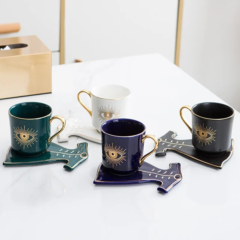 Turkish Blue Eyes Луксозна чаша за кафе Комплект чинийки с форма за ръце и дрехи Османска чаша Boonido Coffee Чаша за капучино 200 ml
