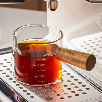 Дървена дръжка Стъклена мерителна чаша за еспресо Кана за мляко с едно/дву гърла Принадлежности за кафе Прозрачна кухненска мерителна чаша