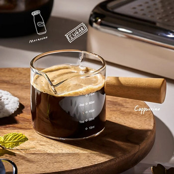 Ξύλινη λαβή Γυάλινο φλιτζάνι μέτρησης Espresso Κανάτα γάλακτος μονό/διπλό στόμα Προμήθειες καφέ Διαφανής κούπα κουζίνας