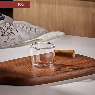 Fa nyelű üveg eszpresszó mérőpohár egy-/kétszájú tejeskancsó kávé kellékek átlátszó konyhai mérőbögre