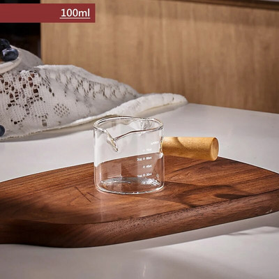 Fa nyelű üveg eszpresszó mérőpohár egy-/kétszájú tejeskancsó kávé kellékek átlátszó konyhai mérőbögre