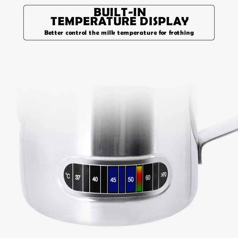 Кана за разпенване на мляко от неръждаема стомана 350/600 мл с индикатор за термометър Кана за мляко Barista Coffe Latte Art Cup Кана за мляко