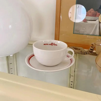 Γαλλική ρετρό κούπα Κορεάτικου στυλ Κόκκινη γραμμή Κεραμική κούπα καφέ + πιάτο Λευκή κούπα γάλακτος μινιμαλιστικό σετ Δώρο γενεθλίων