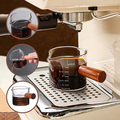 Fa nyelű üveg eszpresszó mérőpohár egy-/kétszájú tejeskancsó kávé kellékek átlátszó konyhai mérőbögre