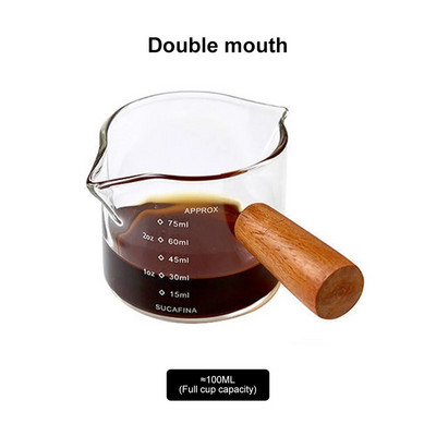 Medinės rankenos stiklinis espreso kavos matavimo puodelis vienos/dvi burnos pieno ąsotis Kavos reikmenys Skaidrus virtuvės matavimo puodelis