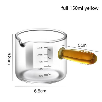 80/150 ml-es színes üveg fogantyús eszpresszó mérőpohár Vshape szájú tejkanna kávé kellékek sűrített üvegű konyhai mérőbögre