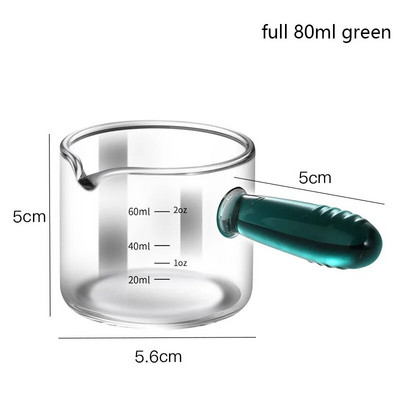 80/150 ml-es színes üveg fogantyús eszpresszó mérőpohár Vshape szájú tejkanna kávé kellékek sűrített üvegű konyhai mérőbögre
