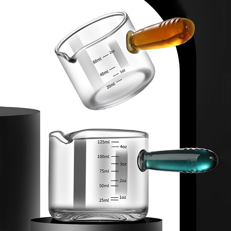 80/150 ml-es színes üveg fogantyús eszpresszó mérőpohár Vshape szájú tejkanna kávé kellékek sűrített üvegű konyhai mérőbögre