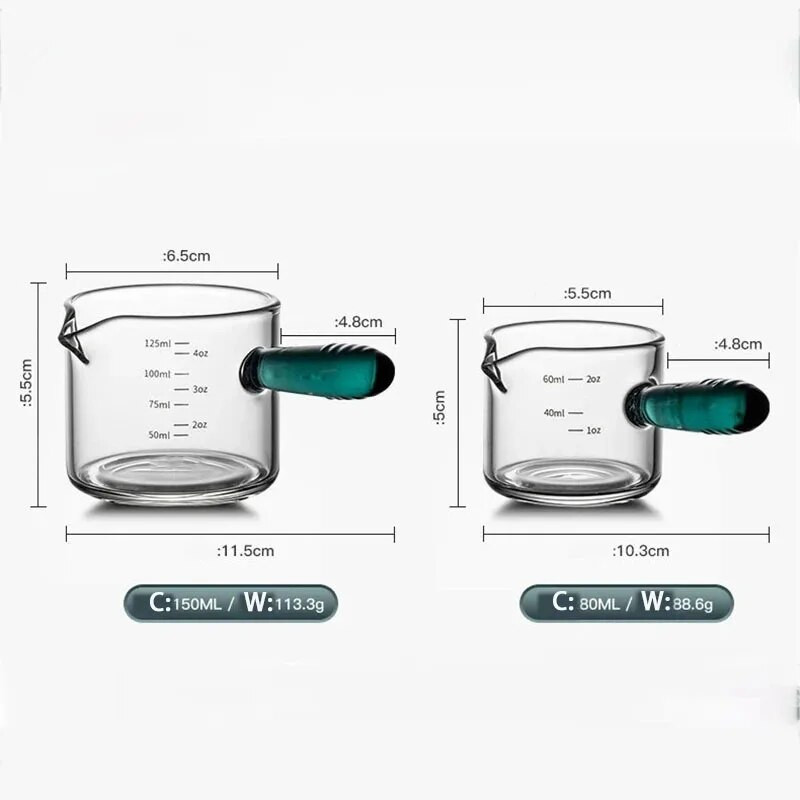 80/150 ml-es színes üveg fogantyús eszpresszó mérőpohár Vshape szájú tejkanna kávé kellékek sűrített üvegű konyhai mérőbögre