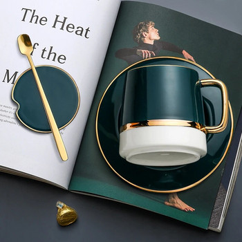 Обикновен модерен комплект керамични лъжички с чинийки със златен ръб Метален комплект чаши за чай Реколта Комплект чаши за кафе Tazas De Cafe за многократна употреба