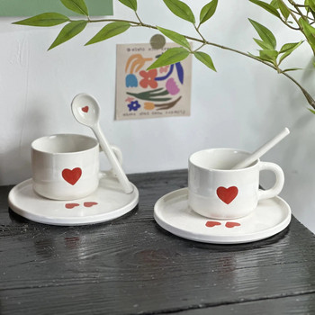 Creative Love Heart Чаша за кафе с комплект чинийки Цветна чаша на точки Ученическа керамична чаша за вода Начало Изискан сервиз Подарък