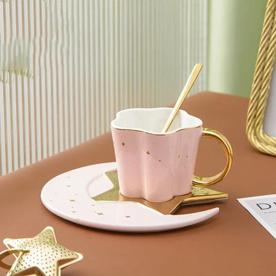 Set de căni de cafea Star Moon Cana termorezistentă din ceramică cu lingură Set de vase Cappuccino rafinat ceașcă de ceai de după-amiază