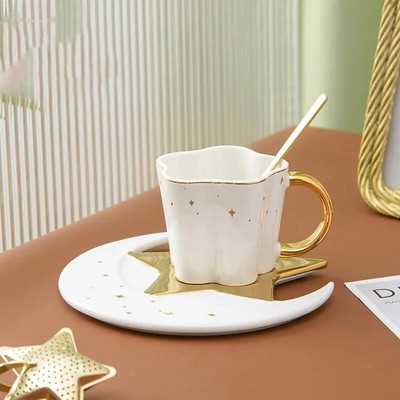 Set de căni de cafea Star Moon Cana termorezistentă din ceramică cu lingură Set de vase Cappuccino rafinat ceașcă de ceai de după-amiază