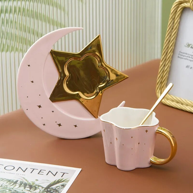 Set de căni de cafea Star Moon Cana termorezistentă din ceramică cu lingură Set de vase Cappuccino rafinat ceașcă de ceai de după-amiază
