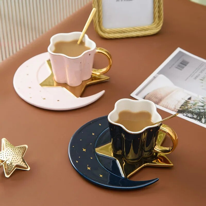 Set de căni de cafea Star Moon Cana termorezistentă din ceramică cu lingură Set de vase Cappuccino rafinat ceașcă de ceai de după-amiază