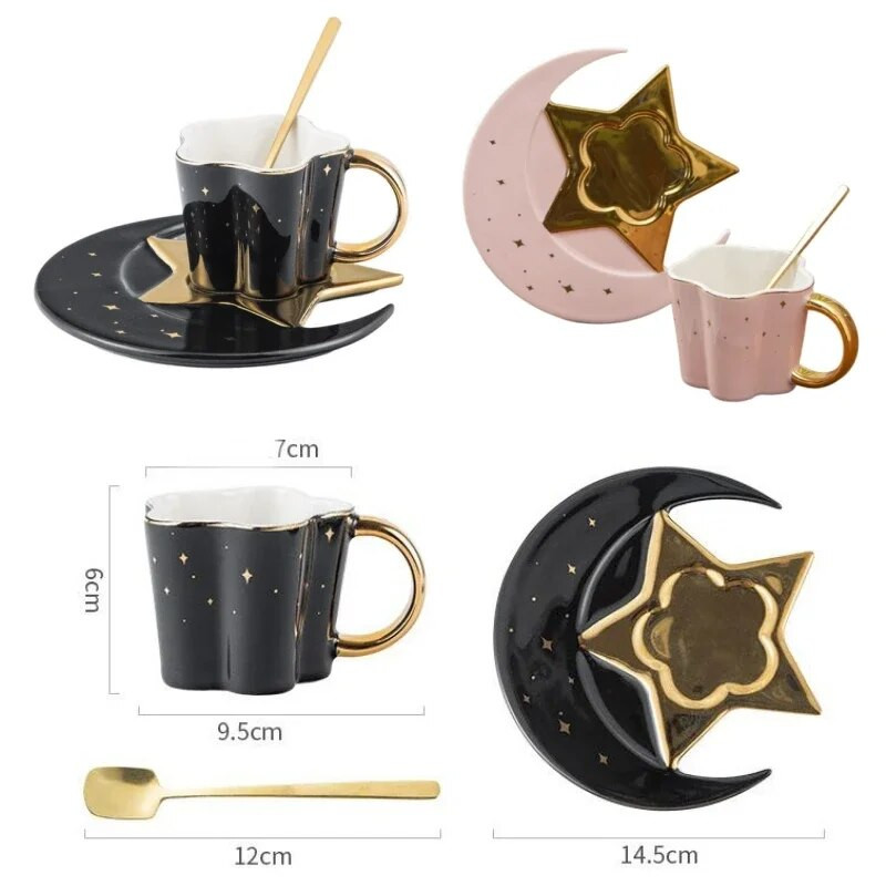 Set de căni de cafea Star Moon Cana termorezistentă din ceramică cu lingură Set de vase Cappuccino rafinat ceașcă de ceai de după-amiază