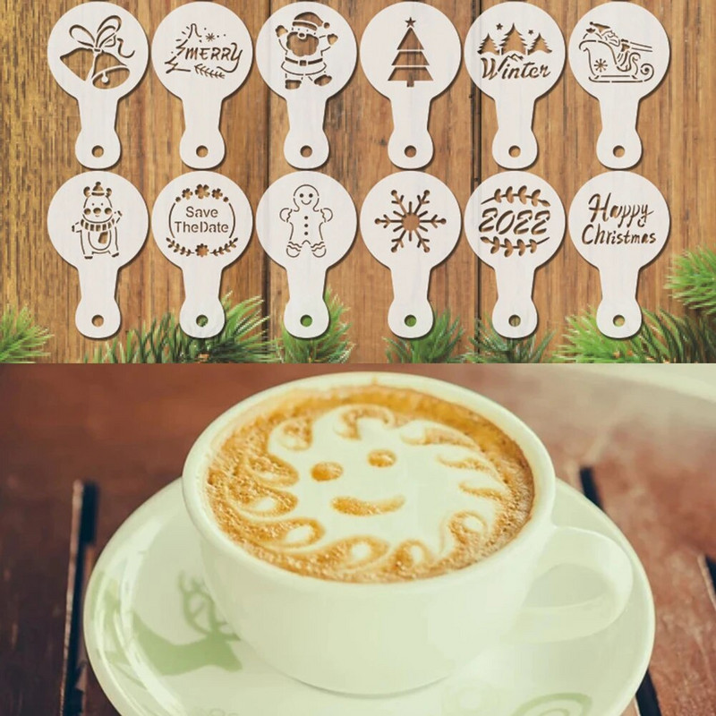 Коледен модел за отпечатване на кафе, бисквитка, кекс, шоколад, шаблони за украса, щампа за лате кафе, подложка за нанасяне на прах