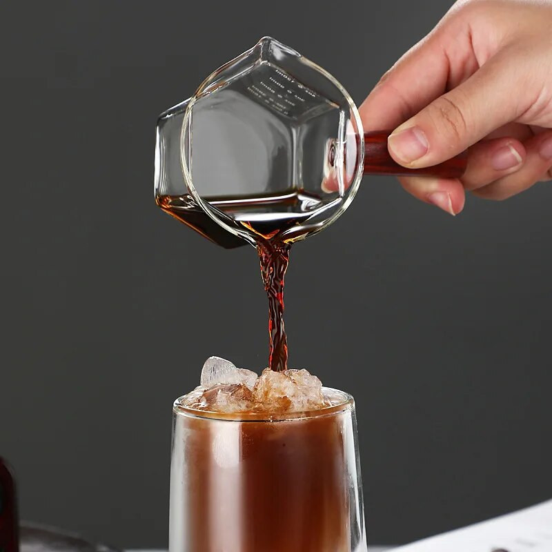 Nova šesterokutna drvena ručka od 120 ml Staklena mjerna šalica za espresso Kuhinjski kućni vrč za mlijeko s dva/jedna usta Potrepštine za kavu