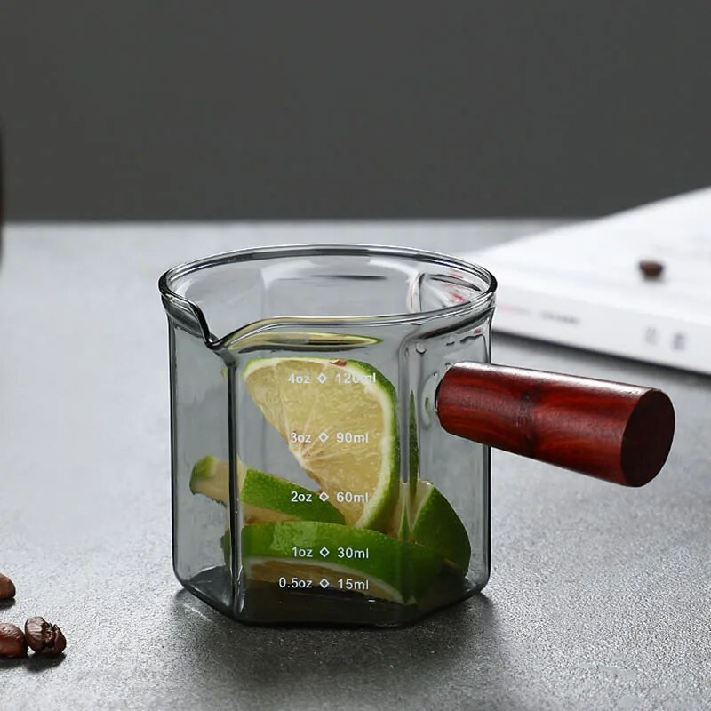 Nova šesterokutna drvena ručka od 120 ml Staklena mjerna šalica za espresso Kuhinjski kućni vrč za mlijeko s dva/jedna usta Potrepštine za kavu