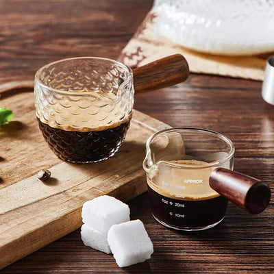 Espresso mérőcsésze többfunkciós fa fogantyúval, dupla/egy kifolyóval, átlátszó Coffee Shot üveg, hőálló tejeskancsó