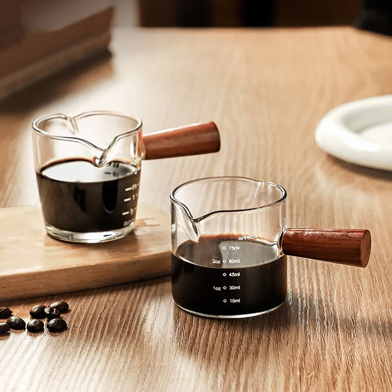 Mjerna šalica za espresso s višenamjenskom drvenom ručkom s dvostrukim/jednostrukim izljevima Prozirna čaša za kavu Vrč za mlijeko otporan na toplinu