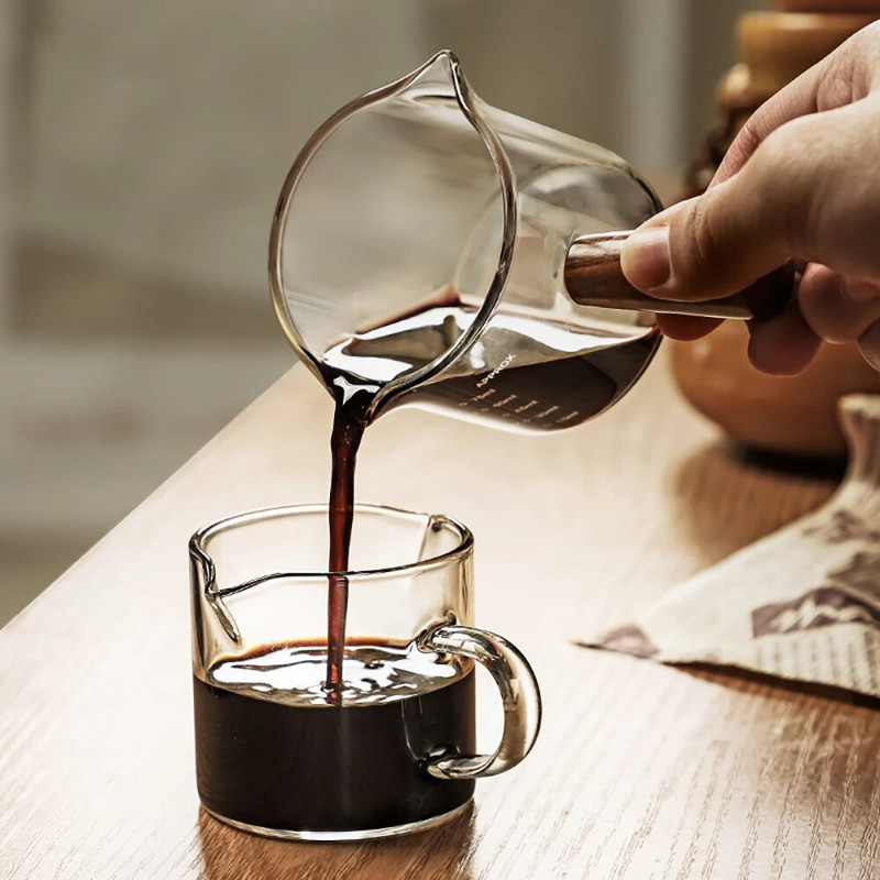 Mjerna šalica za espresso s višenamjenskom drvenom ručkom s dvostrukim/jednostrukim izljevima Prozirna čaša za kavu Vrč za mlijeko otporan na toplinu