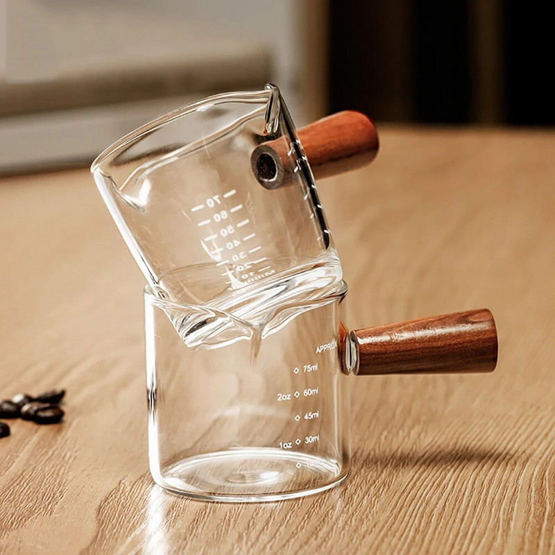 Mjerna šalica za espresso s višenamjenskom drvenom ručkom s dvostrukim/jednostrukim izljevima Prozirna čaša za kavu Vrč za mlijeko otporan na toplinu