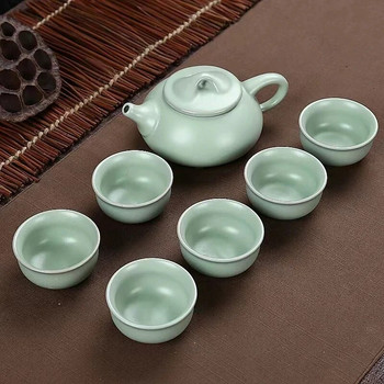 Ru Kiln Tea Set 6pcs Чаша за чай + 1pcs чайник,, Древен китайски кралски специален комплект за чай, Kung Fu, порцеланова филтърна чаша, сервиз за чай