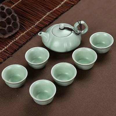 Ru Kiln Tea Set 6pcs Чаша за чай + 1pcs чайник,, Древен китайски кралски специален комплект за чай, Kung Fu, порцеланова филтърна чаша, сервиз за чай