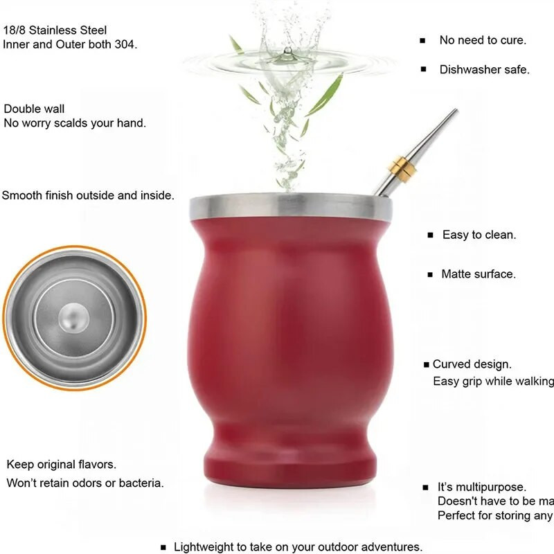 Чаша от кратуна с двойна стена от неръждаема стомана, комплект сламки Mate, чаша с филтър Bombillas, четка, чаша за чай