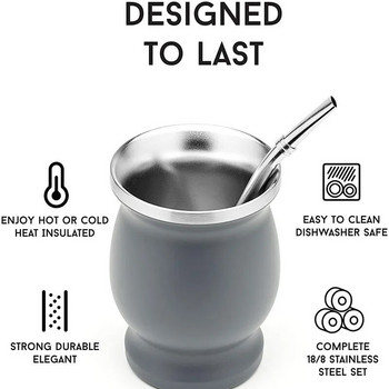 230ML комплект чаши Yerba Mate от неръждаема стомана Включва двойна четка за почистване Сламка против изгаряне Изолирана чаша Домашен чайник