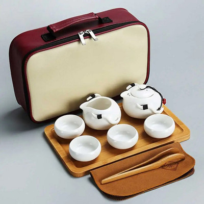 Set de ceai chinezesc cu oală și ceașcă de călătorie Kung Fu, ceramică portabilă, ceainic, porțelan, cești Gaiwan, instrumente pentru ceremonie, mini realizate manual