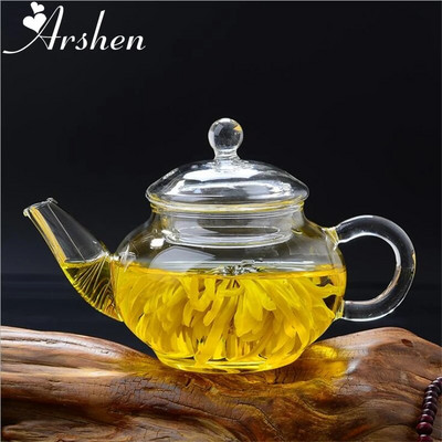 Arshen Cel mai nou ceainic din sticlă termorezistentă filtrabilă de 250 ml cu perete dublu sau cu ceainic cu arc din oțel inoxidabil Ceainic din sticlă transparentă