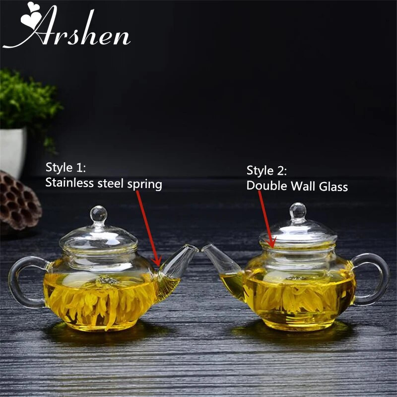 Arshen najnoviji stakleni čajnik otporan na toplinu od 250 ml s dvostrukim stijenkama ili s oprugom od nehrđajućeg čelika Čajnik od prozirnog stakla