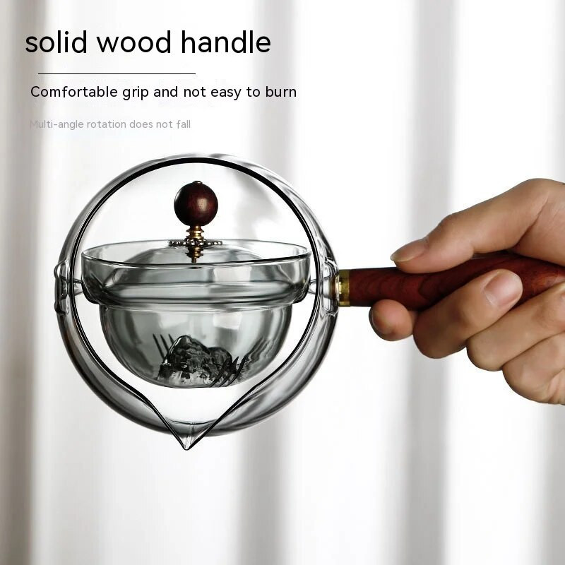 Полуавтоматичен ротационен топлоустойчив стъклен чайник за приготвяне на чай с инфузер и дървена дръжка Офис Аксесоари за дома Кухня