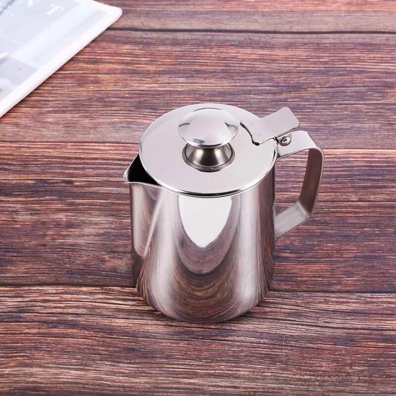 Кана за разпенване на мляко от неръждаема стомана с капак Кана за еспресо кафе капучино Чаша за разпенване на мляко и сметана