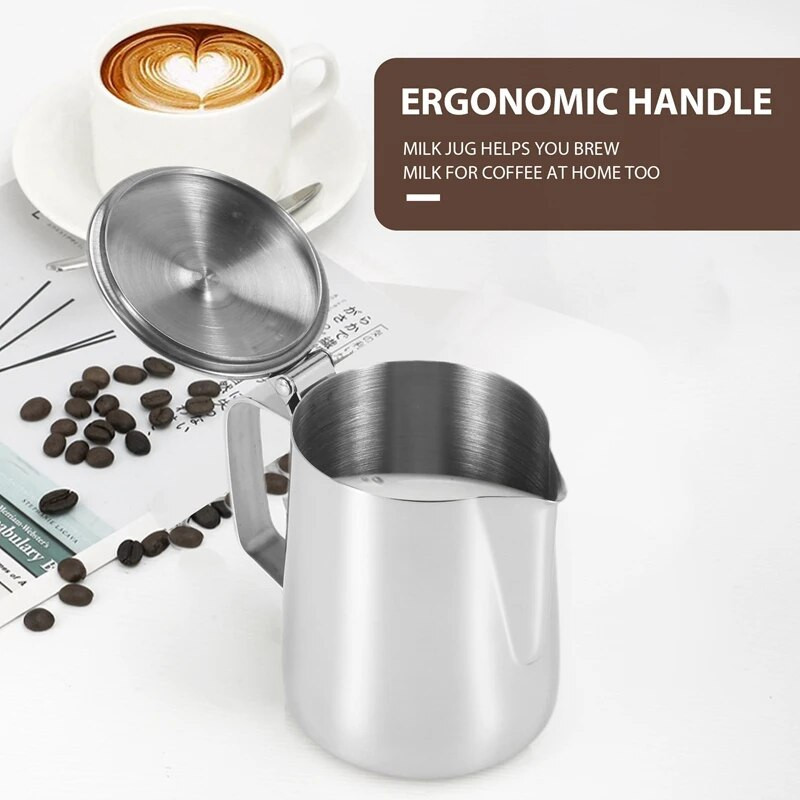 Кана за разпенване на мляко от неръждаема стомана с капак Кана за еспресо кафе капучино Чаша за разпенване на мляко и сметана