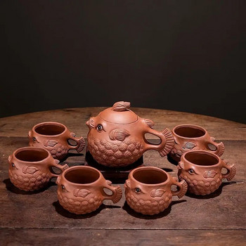 Глинена тенджера Домакински кунгфу чай Творчески ръчно изработен чайник фугу с лилав пясък Yixing Zisha чайник за чай в чаша Отопляем чайник