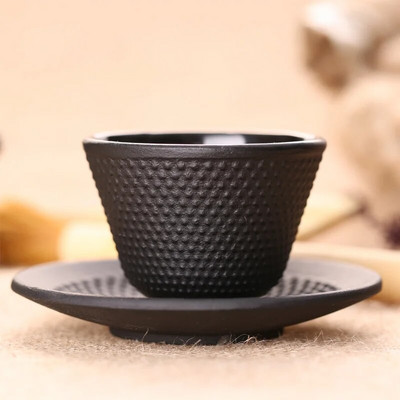 Комплект чугунени чаши за чай и чинийки в японски стил Чаша за чай от чугун за тежки условия Метални подложки Чаша за кафе еспресо