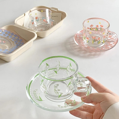 Творчески комплект чинийки за чаши за кафе Корейски чаши Ръчно рисувани растения и цветя Чаша за кафе Домашна кухня Чаши за еспресо