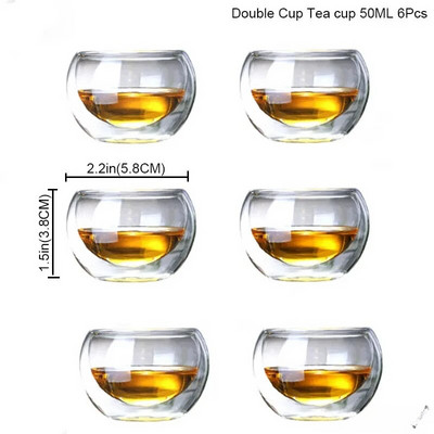 Čaša za čaj od 6 komada, set posuđa, dvostruka staklena šalica otporna na toplinu, kung fu set za čaj, prozirna staklena šalica za čaj Puer Oolong šalica za čaj
