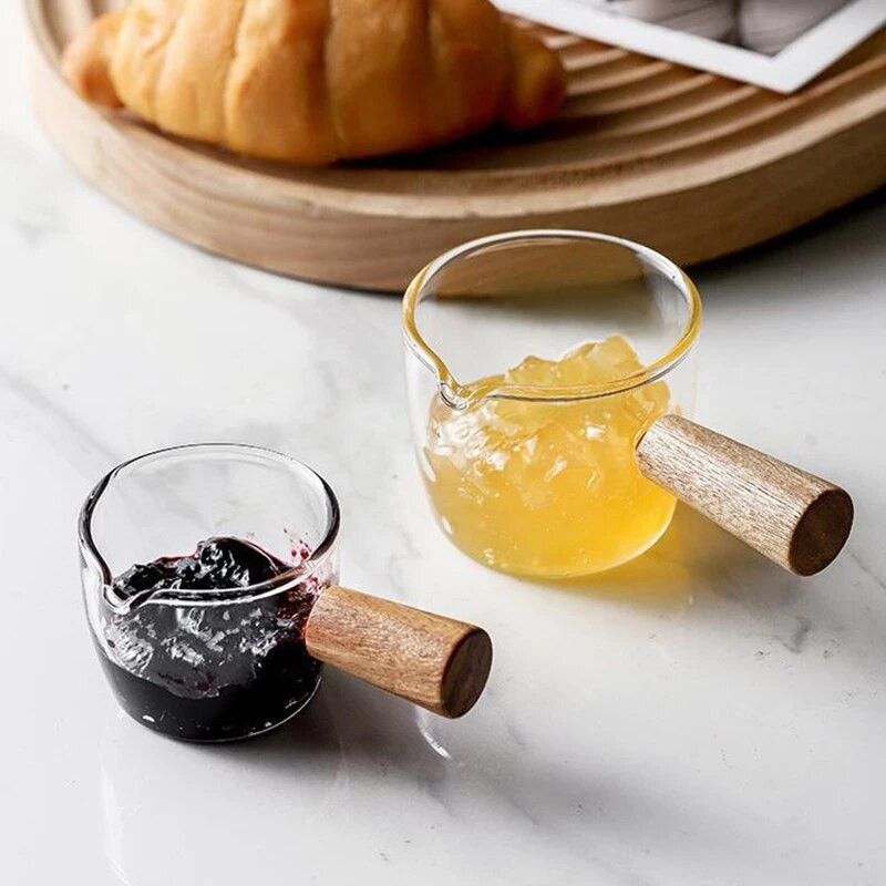 50/100 ml Mini staklena šalica za mlijeko s drvenom ručkom Toplinska izolacija Glatka posuda za kremu Espresso Ocat Umak Grickalice Šalica za alkohol