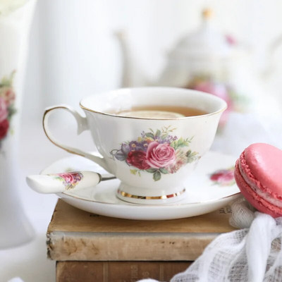 2 kompleta britanskog cvijeta Čaša za čaj i tanjurić Set žličica Ruža Keramika Šalica za kavu Tanjurić Žličica Set šalica za espresso Popodnevni čaj