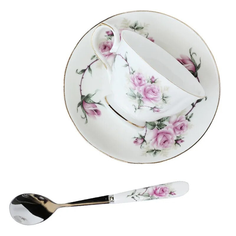 2 kompleta britanskog cvijeta Čaša za čaj i tanjurić Set žličica Ruža Keramika Šalica za kavu Tanjurić Žličica Set šalica za espresso Popodnevni čaj