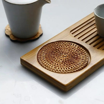 Малка поднос за чай за сухо накисване с тъкани ратанови подложки, дъска за чай от естествен бамбук, поднос за сервиране на хотел