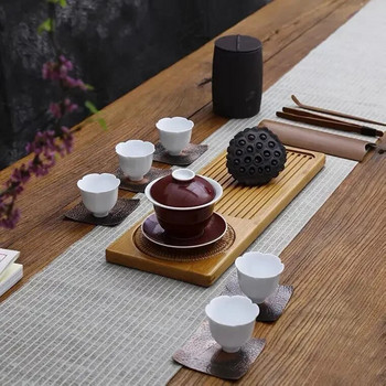 Поднос за чай от бамбуково дърво Чиния за чай Аксесоари Чинийка Ратанова подложка Правоъгълна сервираща маса Чиния Съхранение за чай Gongfu в хотел