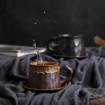 Ръчна чаша за кафе от каменинови изделия Ръчно изработен комплект чаша и чинийка в японски стил Ретро арт чаша Творческа проста керамична чаша за вода Чаша за кафе
