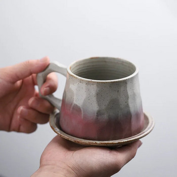 Ръчна чаша за кафе от каменинови изделия Ръчно изработен комплект чаша и чинийка в японски стил Ретро арт чаша Творческа проста керамична чаша за вода Чаша за кафе