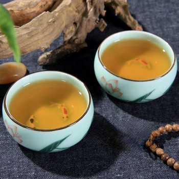 Традиционен селадон, ръчно рисуван пейзаж, чаша за чай, керамичен лотос, бамбуков шаран, сервиз за чай Двойна риба, китайска чаша за чай, 80 ml