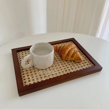 Ретро ратанова дървена тава за съхранение Настолна чиния за съхранение на бижута Чай Закуска Поднос за сервиране на храна Декорация на дома Реквизит за фотография
